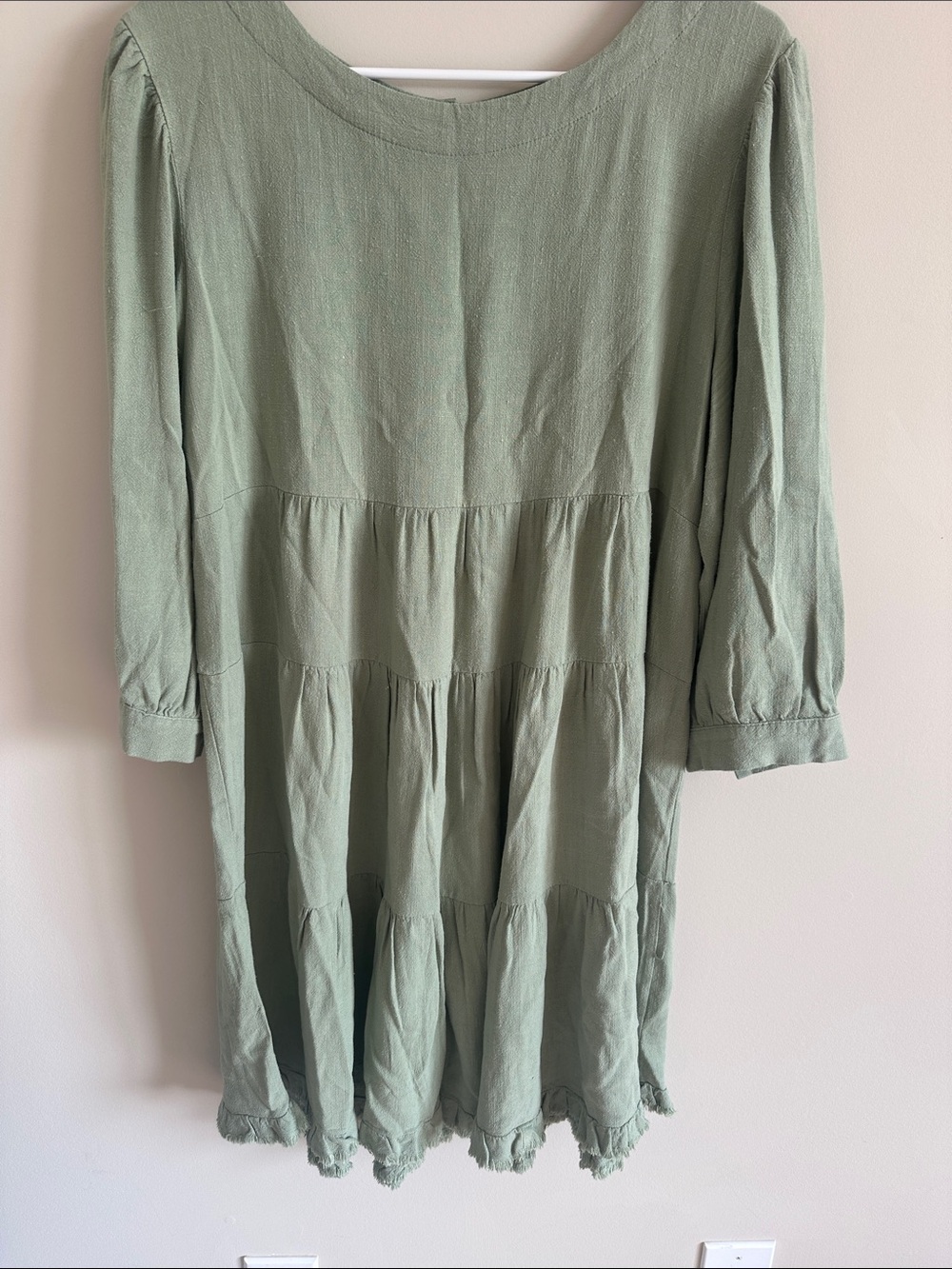 umgee Sage Green Linen Tiered Babydoll Quarter-Length Sleeved Dress